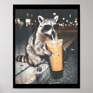 Affiche raton laveur buvant un café glacé drôle d'anima