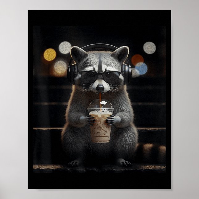 Affiche Raton laveur buvant un café glacé mème animal drôl (Devant)