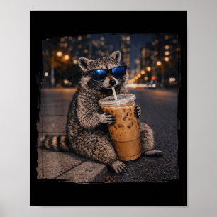 Affiche Raton laveur buvant un café glacé mème animal drôl