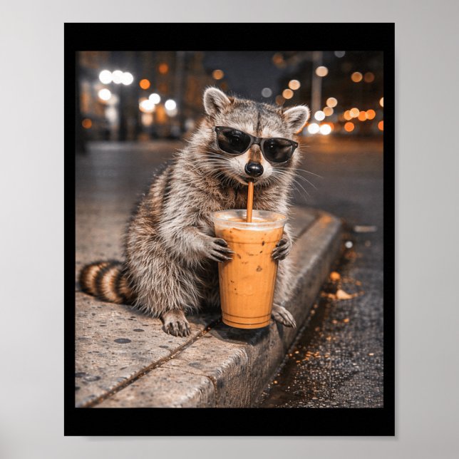 Affiche Raton laveur buvant un café glacé mème animal drôl (Devant)