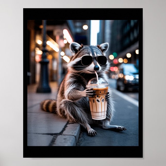 Affiche Raton laveur buvant un café glacé mème animal drôl (Devant)