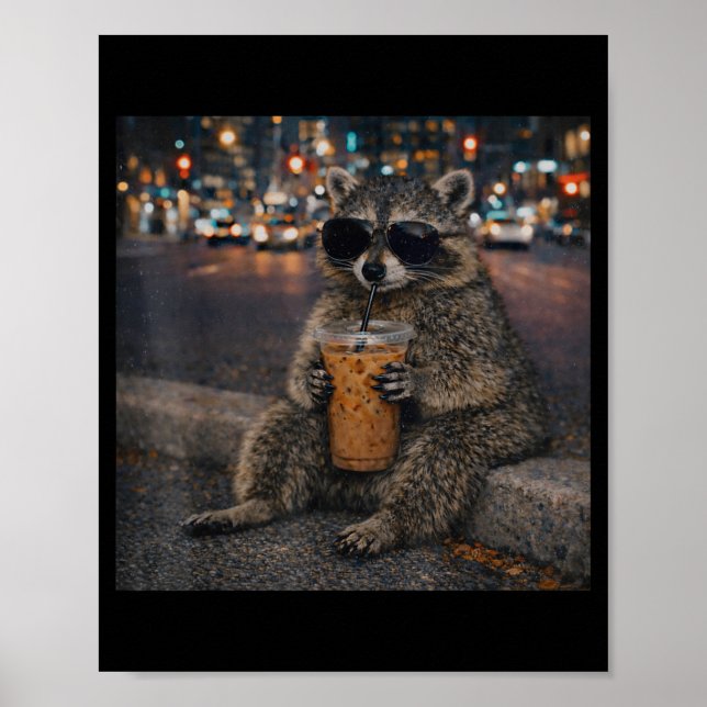 Affiche Raton laveur buvant un café glacé mème animal drôl (Devant)