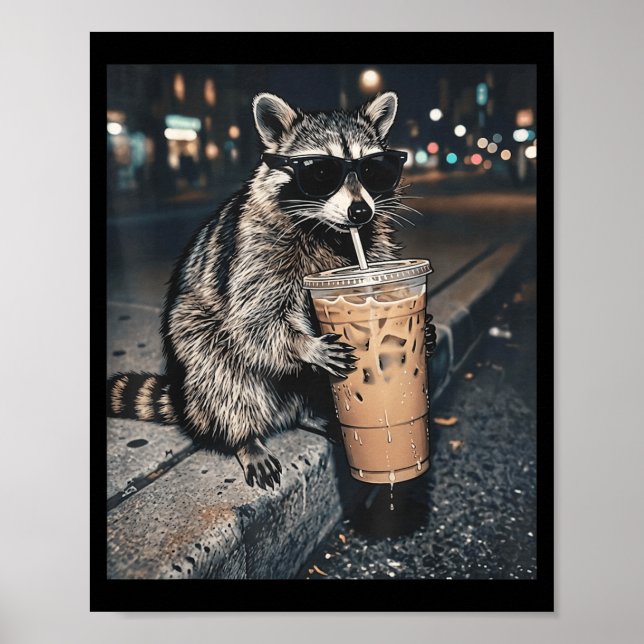Affiche Raton laveur buvant un café glacé Mème d'animal dr (Devant)