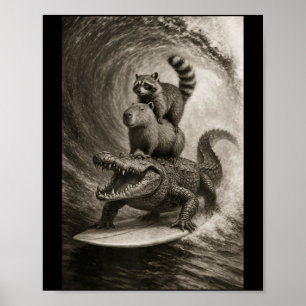Affiche Raton laveur capybara crocodile drôle en train de