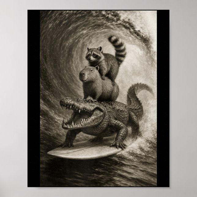 Affiche Raton laveur capybara crocodile drôle en train de  (Devant)