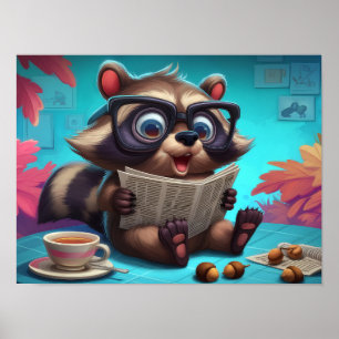 Affiche Raton laveur de dessin animé mignon lisant un jour