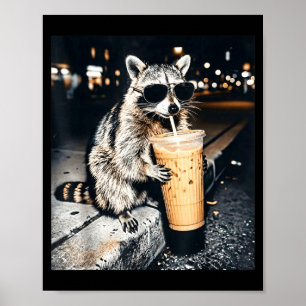 Affiche Raton laveur drôle buvant du café glacé