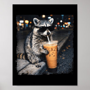 Affiche Raton laveur drôle buvant du café glacé animal drô