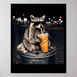 Affiche Raton laveur drôle buvant du café glacé animal mem