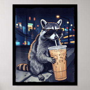 Affiche Raton laveur drôle buvant du café glacé animal mig