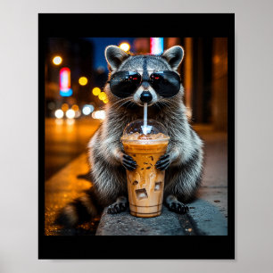 Affiche Raton laveur drôle buvant du café glacé mème anima