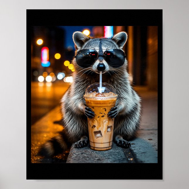 Affiche Raton laveur drôle buvant du café glacé mème anima (Devant)
