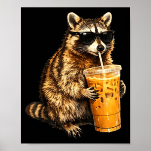 Affiche Raton laveur drôle buvant du café glacé mème anima