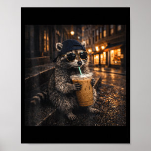 Affiche Raton laveur drôle buvant du café glacé mème anima