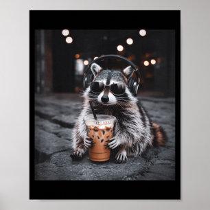 Affiche Raton laveur drôle buvant du café glacé mème anima