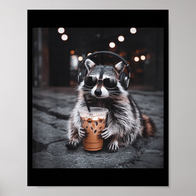 Affiche Raton laveur drôle buvant du café glacé mème anima (Devant)