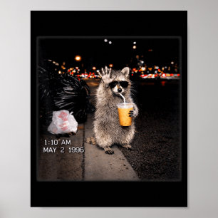 Affiche Raton laveur drôle buvant du café glacé mème anima