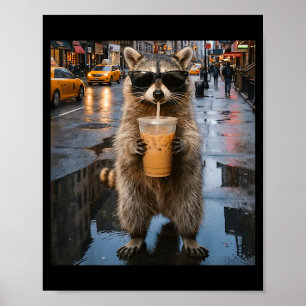 Affiche Raton laveur drôle buvant du café glacé mème anima