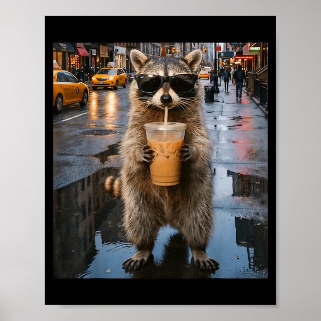 Affiche Raton laveur drôle buvant du café glacé mème anima (Devant)