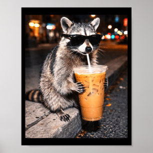 Affiche Raton laveur drôle buvant du café glacé mème anima