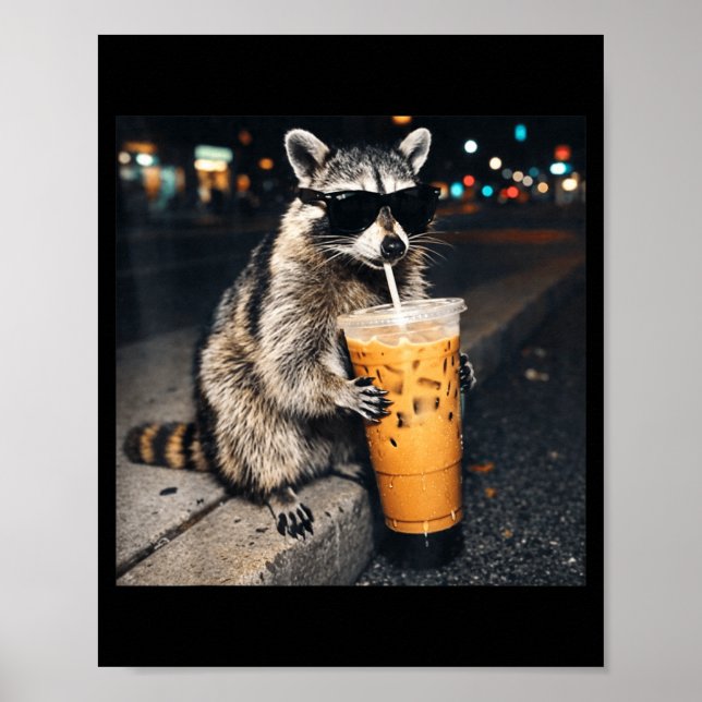 Affiche Raton laveur drôle buvant du café glacé mème anima (Devant)