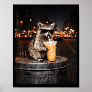 Affiche Raton laveur drôle buvant un café glacé animal mèm