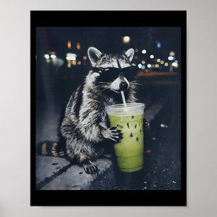 Affiche Raton laveur drôle buvant un latte glacé au matcha