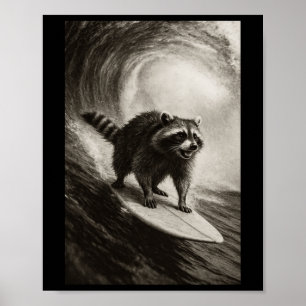Affiche Raton laveur drôle de selfie de surf sur planche d