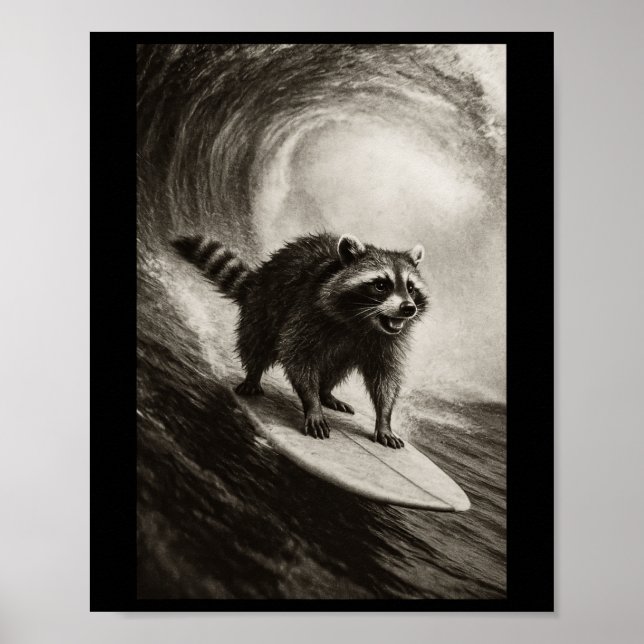 Affiche Raton laveur drôle de selfie de surf sur planche d (Devant)