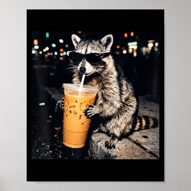 Affiche Raton laveur drôle et cool buvant du café glacé mè (Devant)