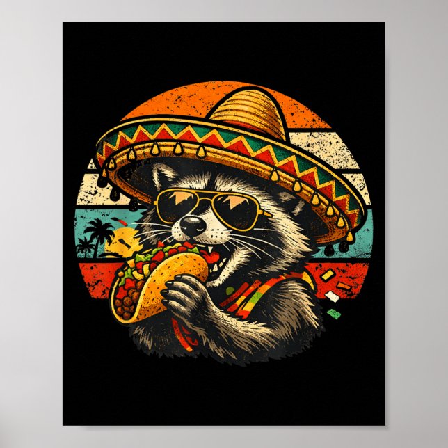 Affiche Raton laveur drôle mangeant un taco rétro sombrero (Devant)