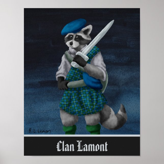 Affiche Raton laveur écossais Clan Lamont peint à la main (Devant)