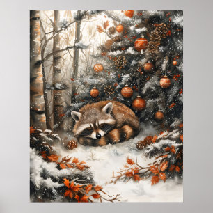 Affiche Raton laveur endormi Noël rustique fantaisiste