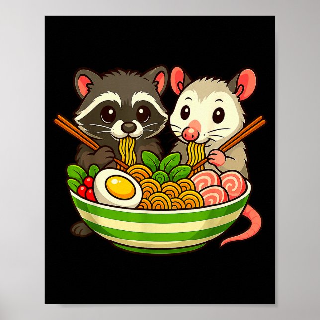 Affiche Raton laveur et opossum mangeant des nouilles Rame (Devant)