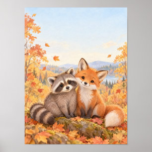 Affiche Raton laveur et renard dans la forêt automnale – A