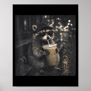 Affiche Raton laveur lunettes de soleil boit du café glacé