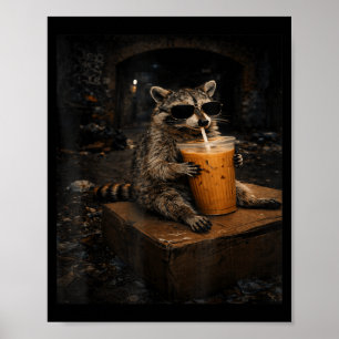 Affiche Raton laveur mignon buvant un café glacé drôle