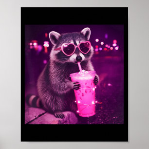 Affiche Raton laveur rose drôle buvant du café glacé - mig