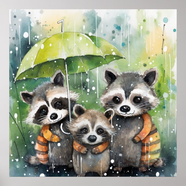 Affiche Raton laveurs mignons sous la pluie (Devant)