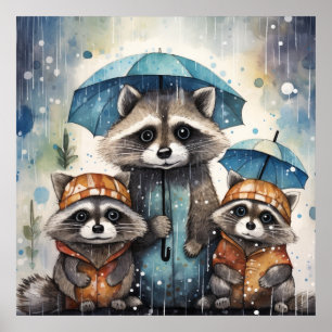 Affiche Raton laveurs mignons sous la pluie