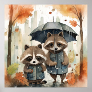 Affiche Raton laveurs mignons sous la pluie