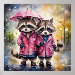 Affiche Raton laveurs mignons sous la pluie
