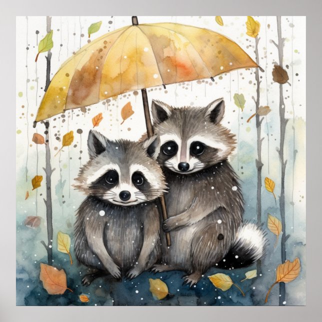 Affiche Raton laveurs mignons sous la pluie (Devant)