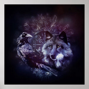 Affiche Raven and Wolf - Vegvisir and Tree of life