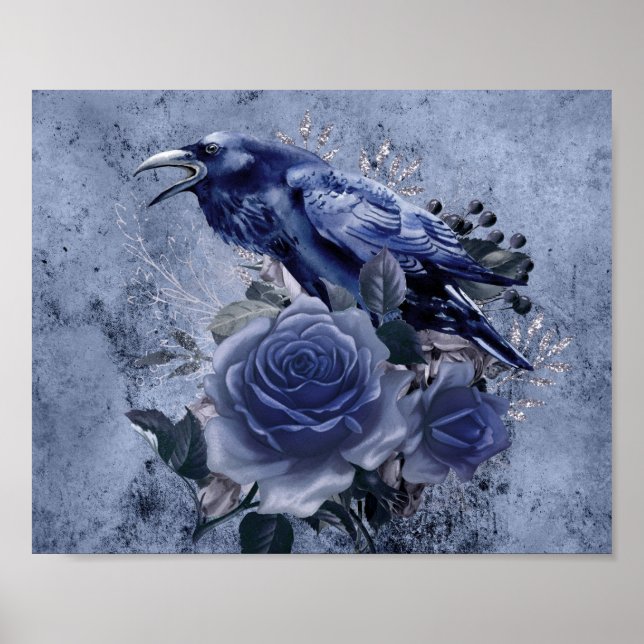 Affiche Raven Bird Blue Rose Whimsical Decoupage Imprimer (Devant)