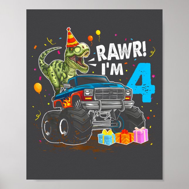Affiche Rawr I'm 4 4th Birthday T Rex Dinosaur Funny Party (Devant)