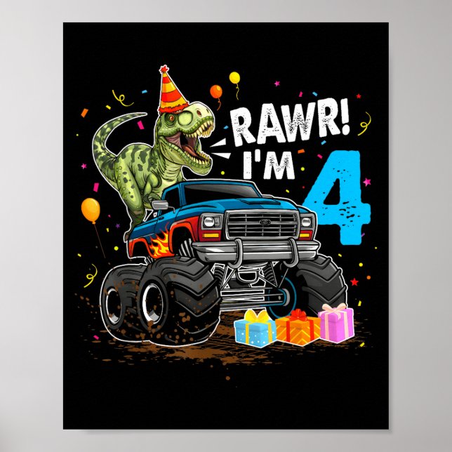 Affiche Rawr I'm 4 4th Birthday T Rex Dinosaur Funny Party (Devant)