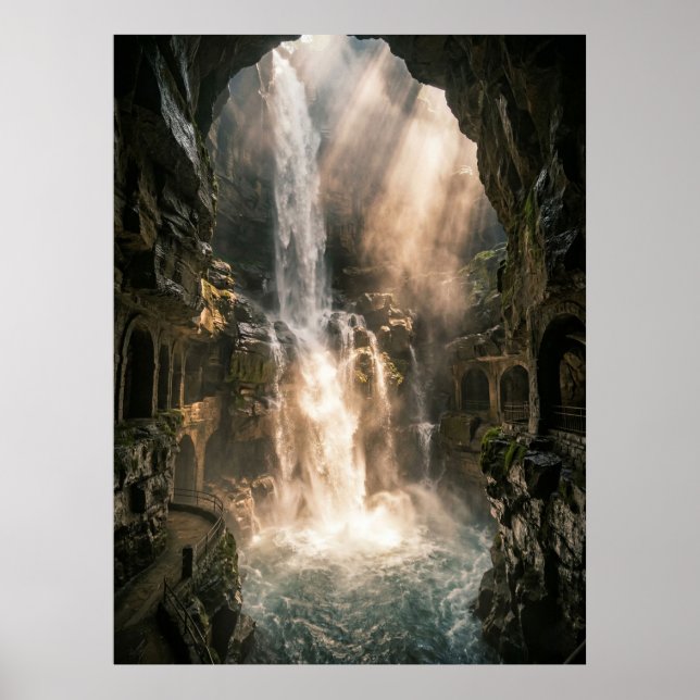 Affiche Rayons de soleil sur la cascade de la grotte caché (Devant)