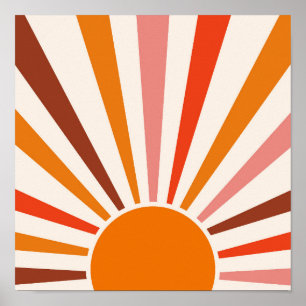 Affiche Rayons Soleil Rétro Coucher Soleil Orange Jaune Ro