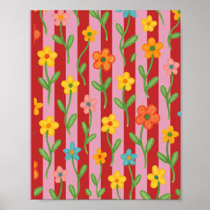 Affiche Rayures roses et rouges avec des fleurs colorées